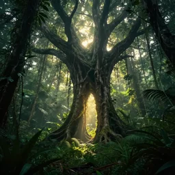 horrific, shining portal embedded in a terrifying tree in a densely overgrown jungle, fantasy, dreamlike sunraise, ultra realistic, atmospheric, stopped in time, epic