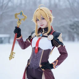 of sora cosplay holding keyblade with snow background 85mm