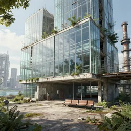 a beautiful ultradetailed render of city building industrial architecture unfinished building waiting room nature urbex abandoned architecture by eugene boudin, azeroth sea made of glass, archdaily, wallpaper, highly detailed, trending on artstation.