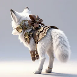 cute anthropomorphic lynx fursona bowing, standing with her back, wearing steampunk suit with lynx head, tail, paws, no boots, by tanidareal, irakli nadar, view from behind, intricate linework, unreal engine, photorealistic 3 d render, furry art, furaffinity, bright sun backlight, white fur, thin legs