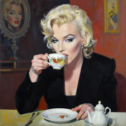 a painting of marilyn manson drinking tea in the style of mark ryden, nicoletta ceccoli, mab graves