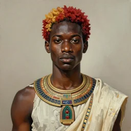 a professionally painted african male model , clothed in ancient street wear, dark skin, deep reddish gold hair, beautiful bone structure, big symmetrical scar features, stunningly, beautiful, intricate, elegant, digital painting, smooth, sharp focus, illustration, made by, Jacob Lawrence, Sam Gilliam, Edmonia Lewis, Jean-Michel Basquiat, Henry Taylor