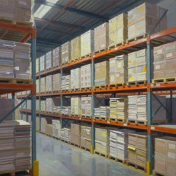 a contemporary painting of a warehouse with huge shelves in _ which stacks of paper are stored in the style of simon stalenhag atmosphere glow detailed intricate full of colour cinematic lighting