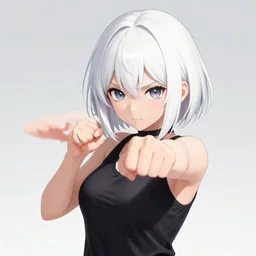black anime manga girl, throwing punch to camera pose, french bob hair, white hair, wearing camo, purple eyes, by artgerm, james jean, tom bagshaw, gerald brom, vaporwave colors, lofi colors, vaporwave, lofi, goth vibe, 4 k, smooth, hd, substance designer render, full body character concept art, symmetrical, 2 point lighting
