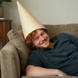 drunk ginger haired man slouched on the couch smiling wearing a cone on his head