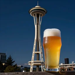 a beautiful and immaculate balanced vaporwave ombre scene depicting outrun style pint glass of beer and the space needle