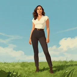full body illustration of gal gadot in the style of bill medcalf, green grass, blue sky, a few clouds, retro, 1 9 5 0, detailed, 1 / 3 headroom, cinematic rule of thirds