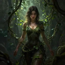 a woman emerging from the vines,, dramatic lighting, digital art, artstation