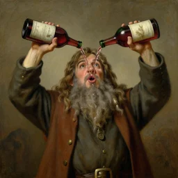 an oil painting of a tolkien dwarf, holding two bottles of wine above his head, pouring them into his mouth
