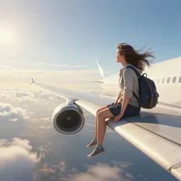 photorealistic very wide shot of a girl sitting on the wing of a flying passenger airplane, side view, very windy, sunny morning light, distant birds, hdr, volumetric lighting, intricate details, detailed digital artstation concept by noriyoshi ohrai and krenz cushart and john william waterhouse, unreal engine, octane render