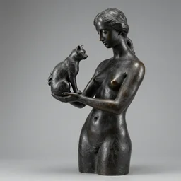 sculpture of a woman holding a cat in his hands, black copper, by marino marini