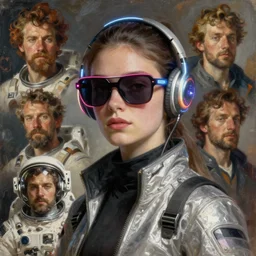 future coder looking on, sunglasses neon trim and headpiece, glow accents, rim lighting, desaturated headshot portrait painting by dean cornwall, ilya repin, rhads, tom whalen, alex grey, alphonse mucha, donoto giancola, astronaut cyberpunk electric fashion photography