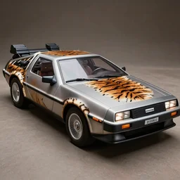 a delorean with tiger skin prints on its body,