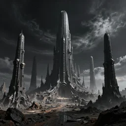 exoplanet landscape, abandoned alien megastructure designed by giger, black mos eisley, towering skeletal temple skyscrapers, beksinski, hr giger, black clouds, octane render, hd, cinematic,