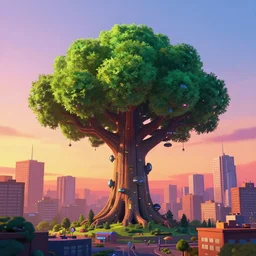 synthwave, giant futuristic tree in the middle of the city, sunset, sharp, 4k, 2D