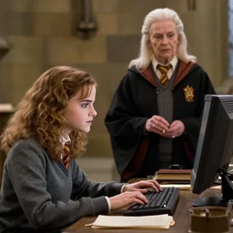 Photo of Emma Watson as Hermione Granger using a computer next to Professor McGonagall in Hogwarts