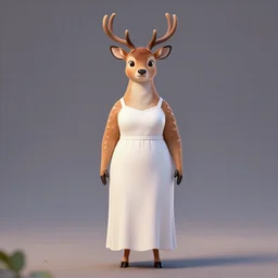 portrait, 3 d render, tall slightly chubby anthropomorphic female deer, wearing along long white dress, in the style of zootopia,