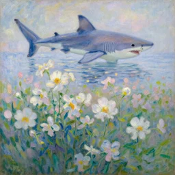 flowers as long as the eyes can see, giant shark in the distance, in the style of monet, oil painting, 1 6 k