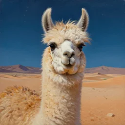highly detailed oil painting of one llama with dreadlocks, in a desert, with starfall in the night sky, hyperrealistic Illustration