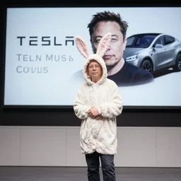 elon musk presenting the new tesla wearing a bunny costume, award winning photo
