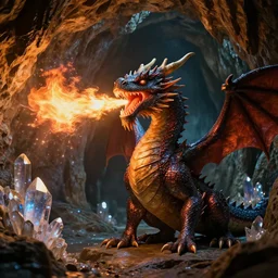 a 3d artistic photo of a cave dragon blowing fire using its mouth to the sparkly crystal in the cave