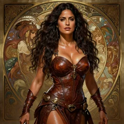 Salma Hayek  as a barbarian , passionate , seductive, sweaty, intricate leather clothing, insane, intricate, highly detailed, digital painting, artstation, concept art, smooth, sharp focus, illustration, Unreal Engine 5, 8K, art by artgerm and greg rutkowski and alphonse mucha