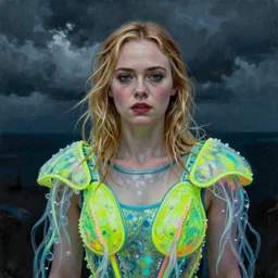 Elle Fanning wearing neon jellyfish armor in the style of Paola Vetri, head and shoulders portrait, stormy weather, extremely detailed masterpiece, oil on canvas, low-key neon lighting, artstation, Blade Runner 2049, Roger Deakin’s cinematography, by J. C. Leyendecker and Peter Paul Rubens and Edward Hopper and Michael Sowa,