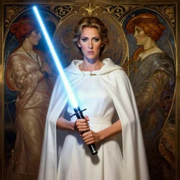 perfectly - centered - portrait of celine dion wearing white cloak holding light saber, intricate, highly detailed, digital painting, artstation, concept art, smooth, sharp focus, illustration, unreal engine 5, 8 k, art by artgerm and greg rutkowski and alphonse mucha