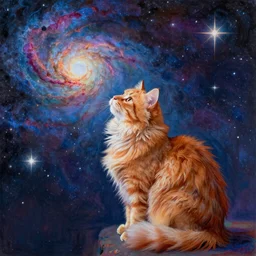 a fluffy orange cat sitting and looking into space, nebula, galaxy, stars, colorful, vibrant, rich colors, 8 k, drawn by claude monet