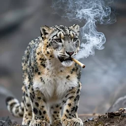Snow leopard smoking a joint, smoke clouds, award-winning photo
