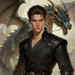 a determined handsome clean shaven young man with swept back dark brown hair and green eyes, preparing for a dangerous battle with a fierce dragon, fantasy, intricate, elegant, highly detailed, digital painting, artstation, concept art, smooth, sharp focus, illustration, art by artgerm and greg rutkowski and alphonse mucha