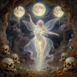concept art of translucent glowing curvy buxom fairy dancing, renaissance, flowy, melting, round moons, rich clouds, very detailed, volumetric light, mist, fine art, decaying, textured oil over canvas, epic fantasy art, very colorful, ornate intricate scales, walls and floor of cave made of skulls, fractal gems, 8 k, wide angle, high contrast