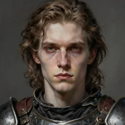 portrait painting of a pale serious young man with soft face and medium brown wavy hair wearing armor, ultra realistic, small ocular orbit, concept art, intricate details, eerie, highly detailed, pursed lips, melancholy expression, photorealistic, wide - upturn nose, prominent chin, octane render, 8 k, unreal engine. art by artgerm greg rutkowski alphonse mucha
