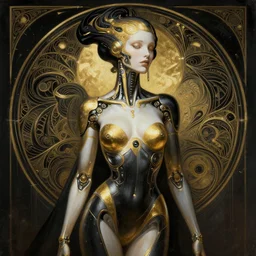 extremely psychedelic beautiful cyborg queen of lsd infected by night. intricate, elegant, highly detailed, extremely lifelike photorealistic digital painting, artstation. steichen, gaston bussiere, tom bagshaw, cyberpunk alphonse mucha. elegant minimalism, powerful. anatomically correct in every way. sultry. sharp focus. gold and black with white accents. melancholic. lifelike