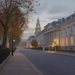 evening in empty london, volumetric lighting, autumn, morning, overcast weather, few clouds, realistic illustration, perfectly shaded, soft painting, art by krenz cushart and wenjun lin