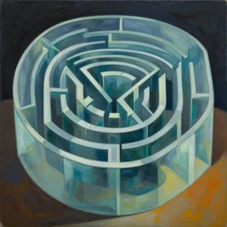 a painting of a glass maze designed by sanaa by richard estes and giorgio de chirico