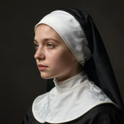 a young woman's face in profile, beekeeper nun, in the style of the dutch masters and gregory crewdson, dark and moody