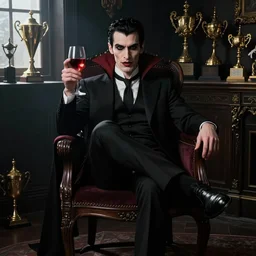character portrait of a vampire with one leg crossed over the other, facing the camera, holding a glass of red wine in his hand, sitting sitting dramatically on a chair in a dark room with trophies along the back wall, 8 k, d & d, castlevania, in the style of john singer sargent, dramatic lighting, spotlight from a window, intricate detail, sharp focus, focused light