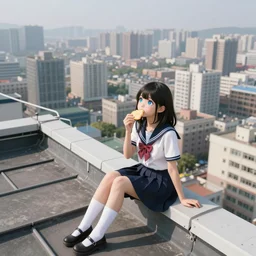girl sitting on a rooftop, cute kawaii girl, wearing skirt and high socks, having a snack, looking up, magic eyes, digital art, concept art, best of 2023 on artstation style, simulation, structure, fine, wide angle, natural light, volumetric, behind is a large scale city