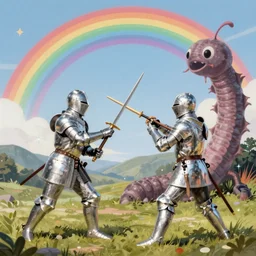 two sliver knights fight against a giant bobbit worm, rainbow in the background, by albert bierstadt and gediminas pranckevicius