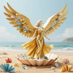 a beach made out of paper and glass, beautiful anthropomorphic eagle woman wearing a flowing gold - colored dress, origami shells, many colorful origami shells, heavenly light, 3 d, photorealism, very detailed, octane render, trending artstation, artgem