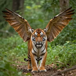 a tiger with big wings in a forest, professional photo