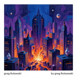 Hyperdetailed render of A beautiful painting of Fractal abstract painting of cyberpunk landscape city in blue-purple-orange color scheme in I can\'t believe how detailed this is. by greg rutkowski, Trending on artstation Taro card, cubism brutalism architecture, Lava Canyons, magma burst, little crystals everywhere. Bladerunner 2049 concept art
