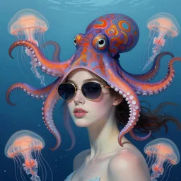 close up of a beautiful woman underwater wearing sunglasses and a colourful octopus as a hat surrounded by jellyfish, fantasy, intricate, elegant, highly detailed, digital painting, artstation, concept art, smooth, 8 k, sharp focus, illustration, art by artgerm and greg rutkowski and alphonse mucha