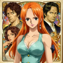 intricately detailed vfx portrait of nami from one piece by eiichiro oda, makoto shinkai, alphonse mucha, art by artgerm and greg rutkowski, best of behance, concept art, matte, sharp focus, orange hair, elegant, adolphe bouguereau, annie leibovitz, stanley kubrick, cel shading, ray tracing, hdr,