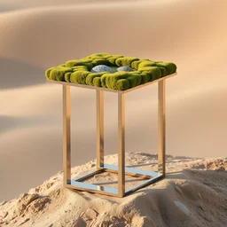 a modern table leg made of rectangle tetris, made of silver steel and moss, octane render, trending on artstation, on the rough desert slope