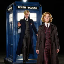 Portait of The Tenth Doctor stepping out of the Tardis with his companion Rose, Sci Fi concept art