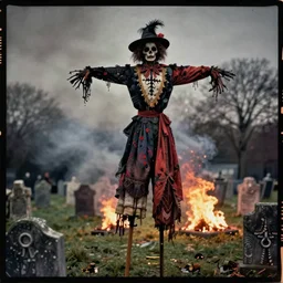 kodak portra 4 0 0, wetplate, muted colours, 5 0 0 mm lens, 1 9 6 0 s award winning colour portrait of a beautiful and hyperdetailed spooky scarecrow on stilts in an old cemetery on fire in 1 8 8 0 s london by saul leiter, night, smoke, haze, insanely detailed, insanely intricate, depth of field, motion blur, vivid colours,