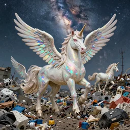 8 k capture scan of a iridescent unicorn with wings dancing in a garbage dump, the sky has the milky way, high textured, conceptual, intricate detailed photography, illustration sharp
