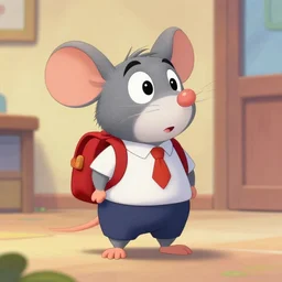 cartoon of a rat in school uniform on his first day of school, highly detailed, colourful, disney